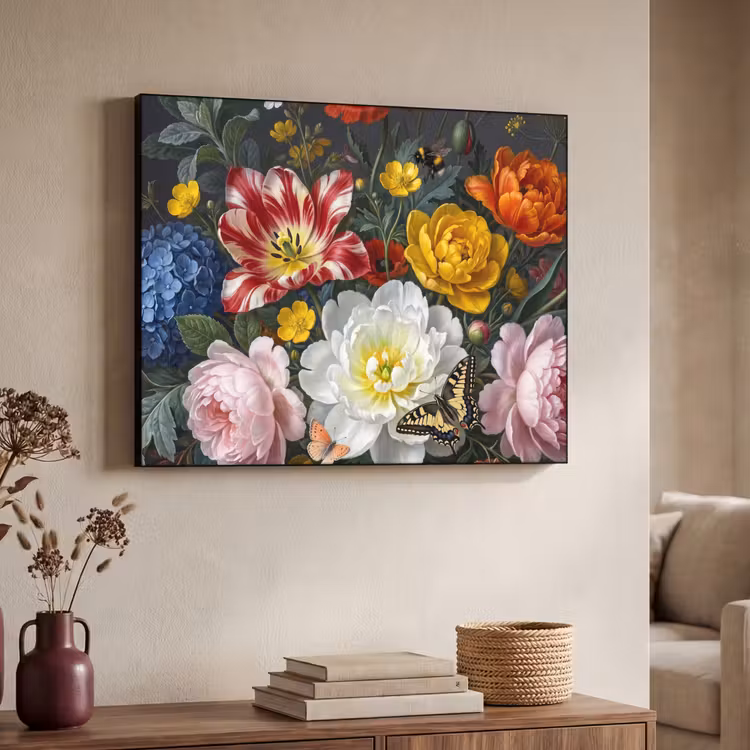 Bloemen - Boeket - Klassiek - Kleurrijk - Natuur Textielframe zwart klein -sfeer3
