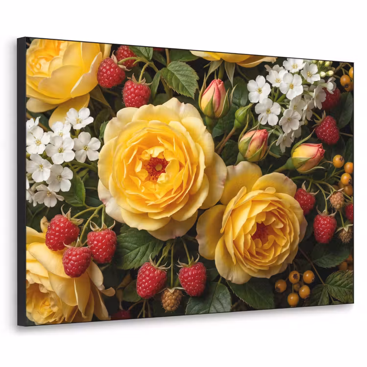 Bloemen - Boeket - Natuur - Klassiek - Geel Textielframe zwart klein -3d