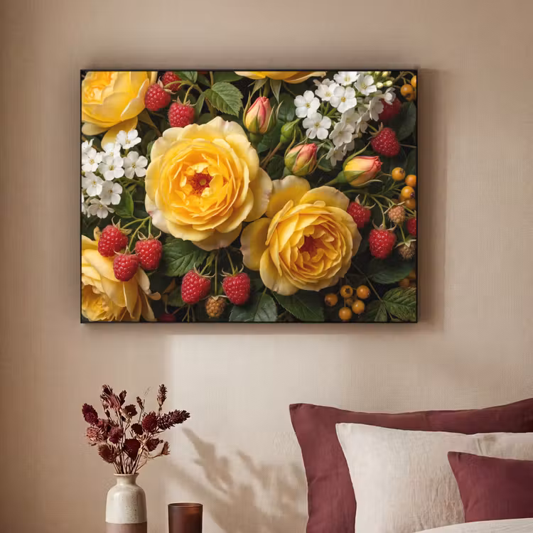 Bloemen - Boeket - Natuur - Klassiek - Geel Textielframe zwart klein -sfeer1
