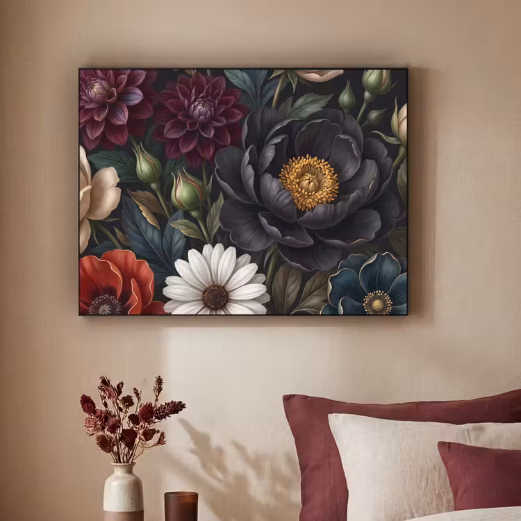 Bloemen - Boeket - Natuur - Klassiek - Weelderig Textielframe zwart klein -sfeer1