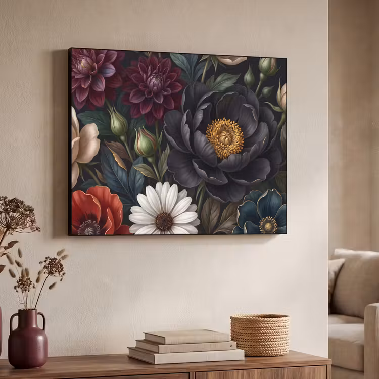 Bloemen - Boeket - Natuur - Klassiek - Weelderig Textielframe zwart klein -sfeer3