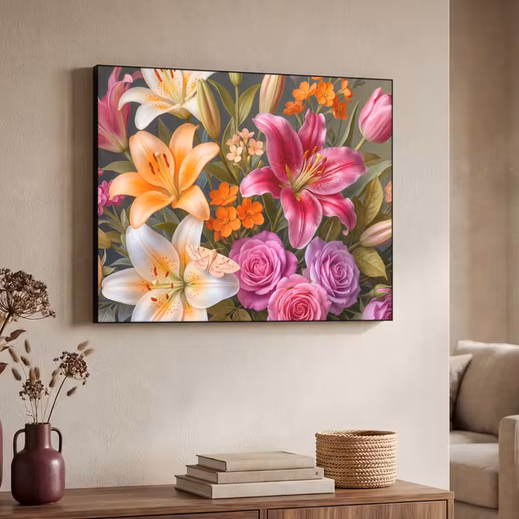 Bloemen - Boeket - Natuur - Kleurrijk - Modern Textielframe zwart klein -sfeer3