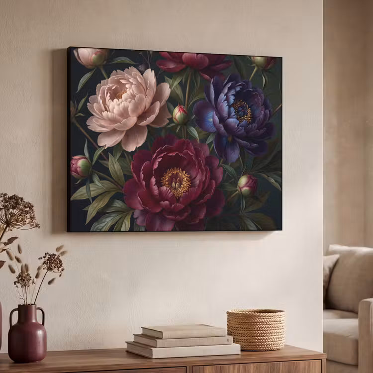 Bloemen - Boeket - Natuur - Modern - Donker Textielframe zwart klein -sfeer3
