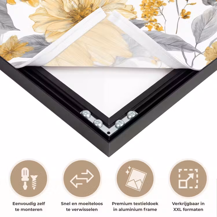 Bloemen - Botanisch - Elegant - Okergeel - Grijs Textielframe zwart klein 947 -USP_closeupNL