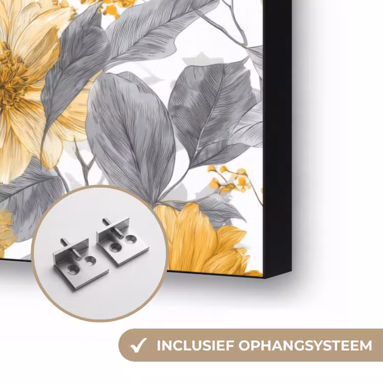 Bloemen - Botanisch - Elegant - Okergeel - Grijs Textielframe zwart klein 947 -USP_ophangsysteemNL
