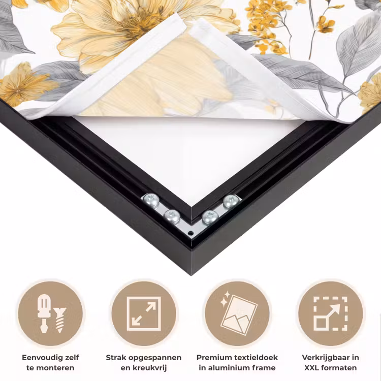 Bloemen - Botanisch - Elegant - Okergeel - Grijs Textielframe zwart klein 947 -USP_feed_closeupNL