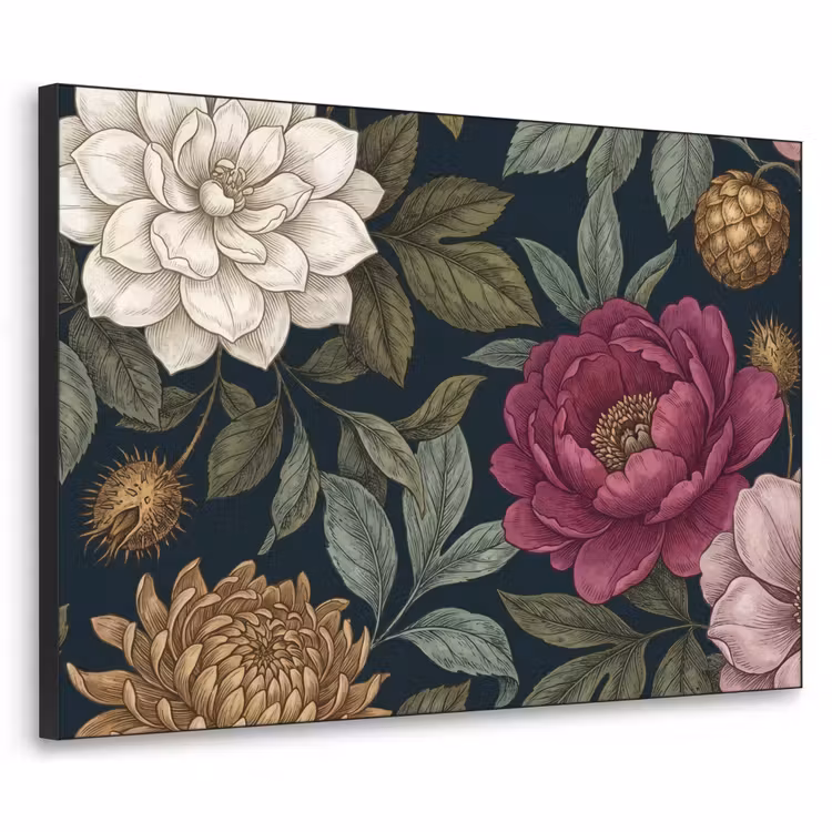 Bloemen - Botanisch - Illustratie - Donker - Vintage Textielframe zwart klein -3d