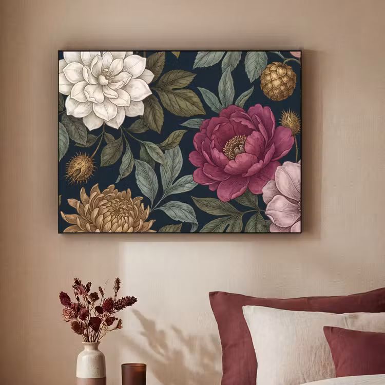 Bloemen - Botanisch - Illustratie - Donker - Vintage Textielframe zwart klein -sfeer1