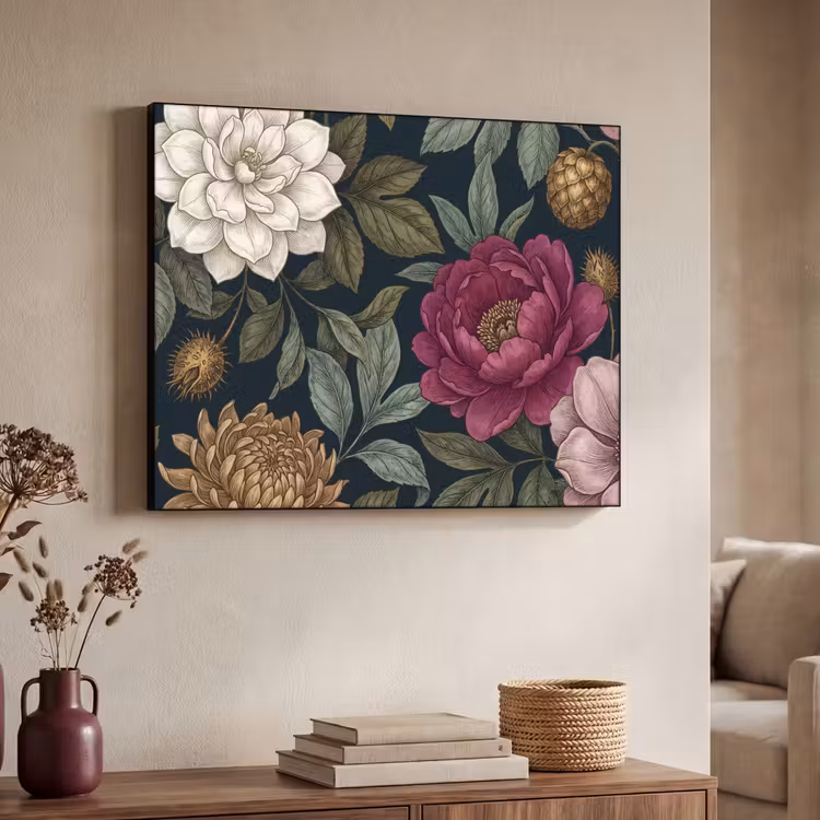 Bloemen - Botanisch - Illustratie - Donker - Vintage Textielframe zwart klein -sfeer3