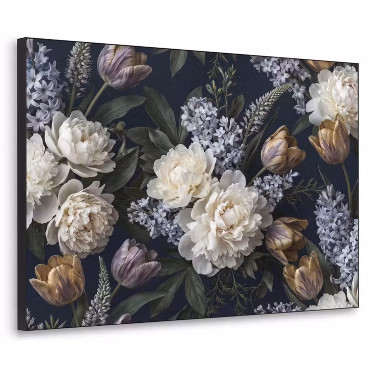 Bloemen - Donker - Elegant - Natuur - Wit Textielframe zwart klein -3d