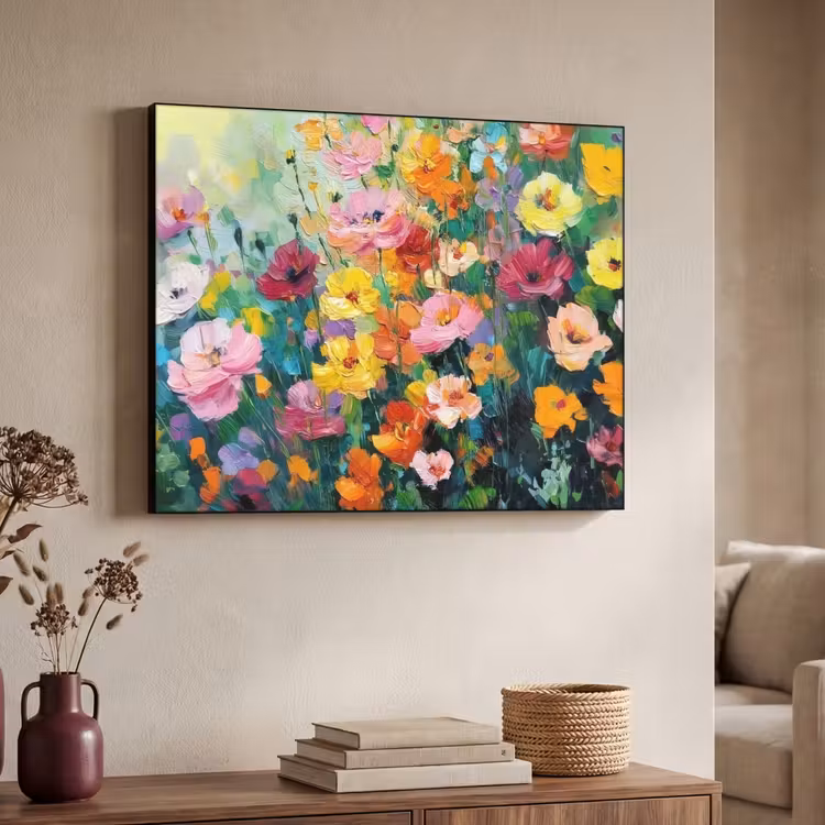 Bloemen explosie - Heldere kleuren - Vrolijk Textielframe - compleet frame klein -sfeer3