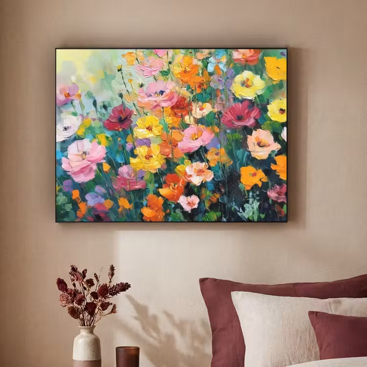 Bloemen explosie - Heldere kleuren - Vrolijk Textielframe - compleet frame klein -sfeer1