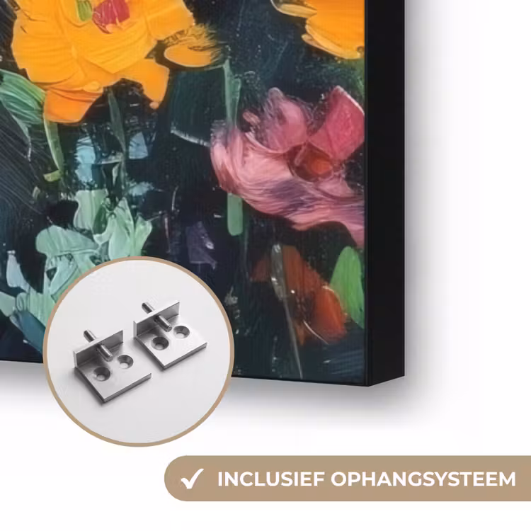 Bloemen explosie - Heldere kleuren - Vrolijk Textielframe zwart klein -USP_ophangsysteemNL