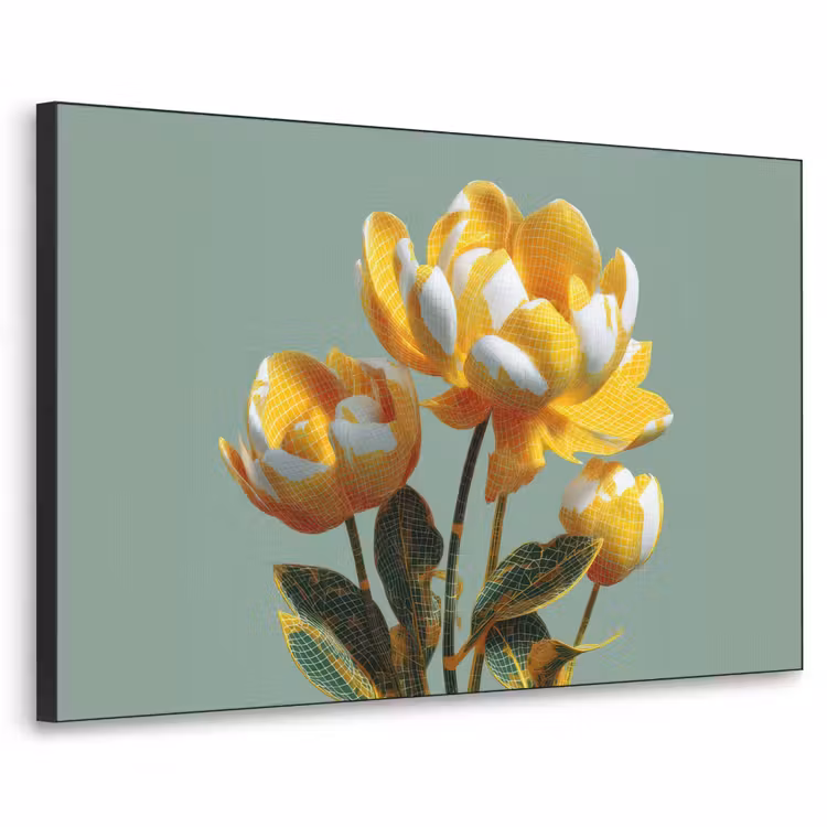 Bloemen - Geel - Bladeren - Structuur Textielframe zwart klein -3d