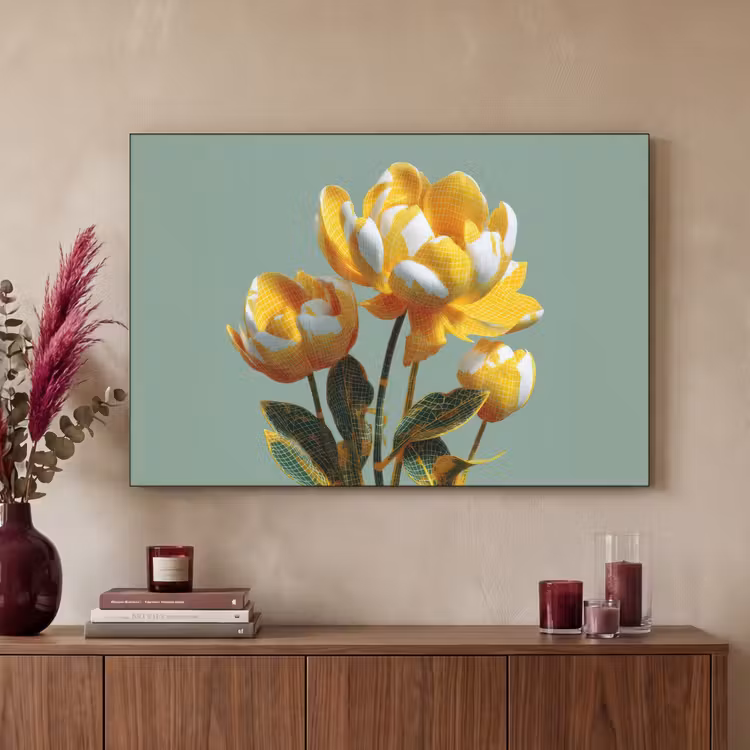 Bloemen - Geel - Bladeren - Structuur Textielframe zwart klein -sfeer1