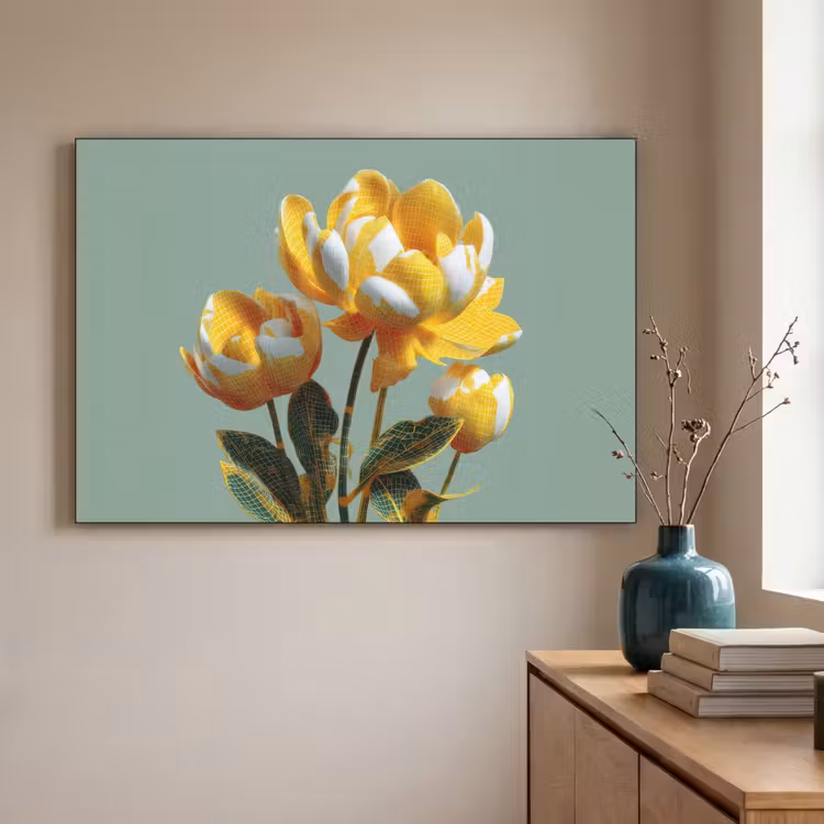 Bloemen - Geel - Bladeren - Structuur Textielframe - compleet frame klein -sfeer2