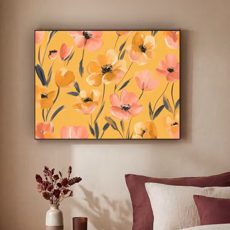 Bloemen - Geschilderd - Geel Textielframe - compleet frame klein -sfeer1