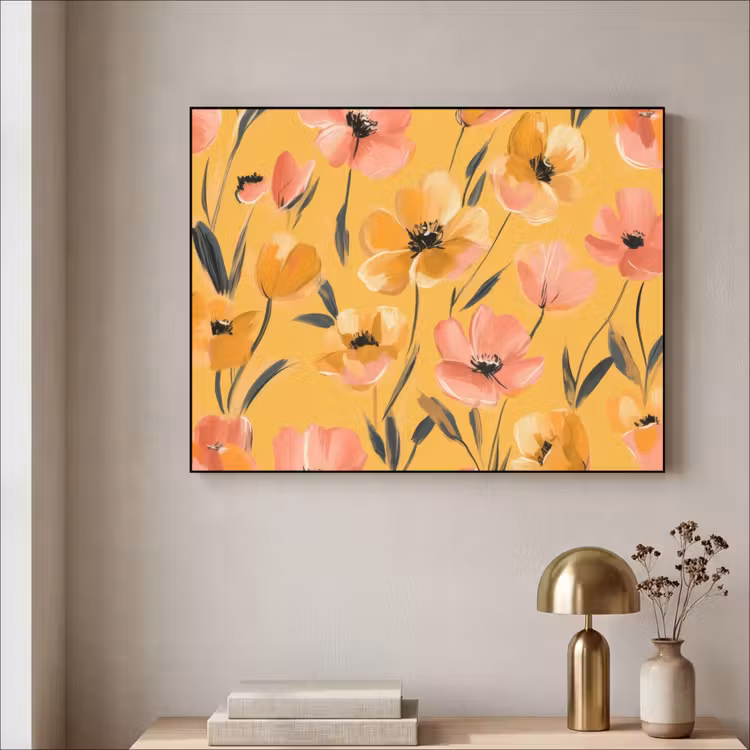 Bloemen - Geschilderd - Geel Textielframe zwart klein -sfeer2