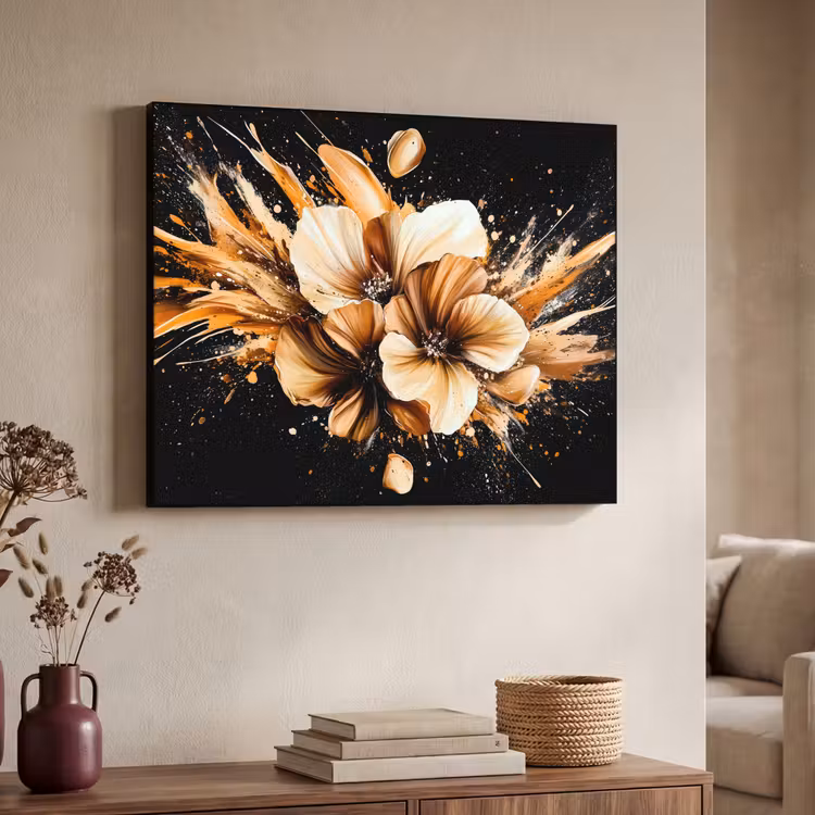 Bloemen - Goud - Graffiti - Zwart - Abstract Textielframe - compleet frame klein -sfeer3