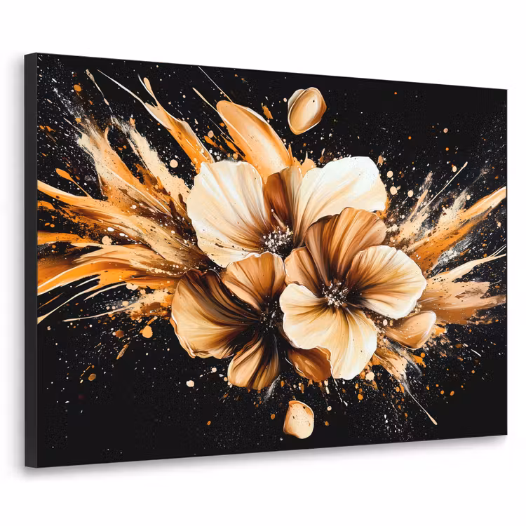 Bloemen - Goud - Graffiti - Zwart - Abstract Textielframe zwart klein -3d