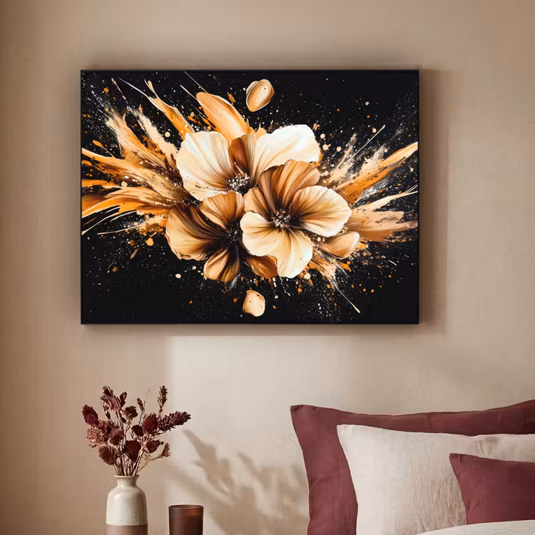 Bloemen - Goud - Graffiti - Zwart - Abstract Textielframe - compleet frame klein -sfeer1