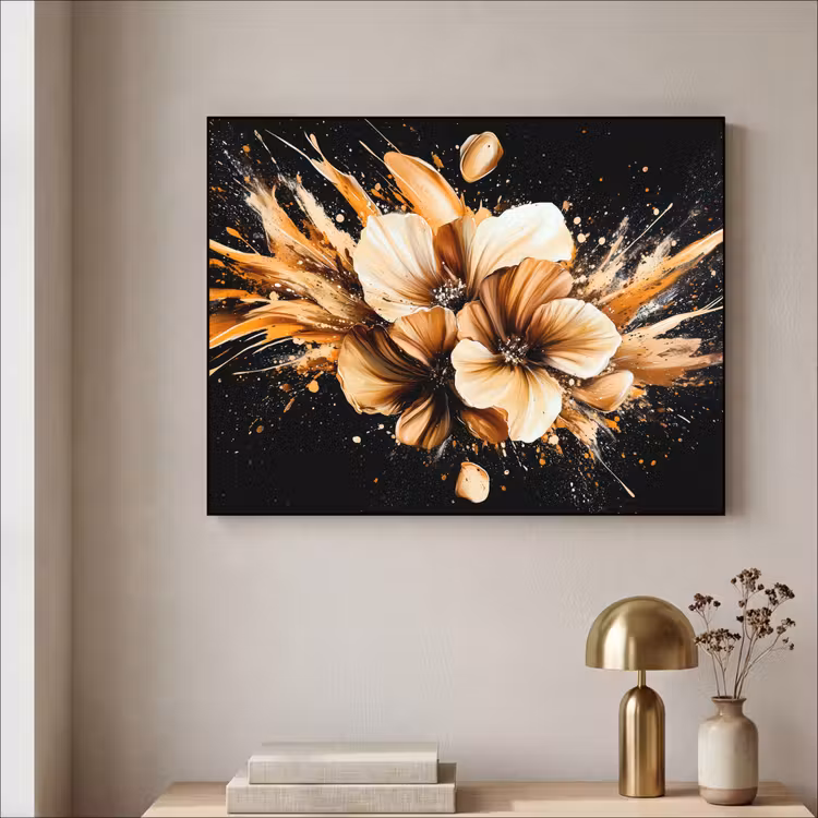 Bloemen - Goud - Graffiti - Zwart - Abstract Textielframe - compleet frame klein -sfeer2