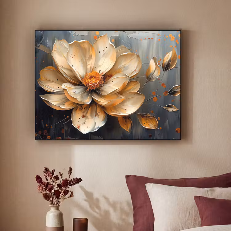 Bloemen - Goud - Kunst - Zwart - Modern Textielframe zwart klein -sfeer1