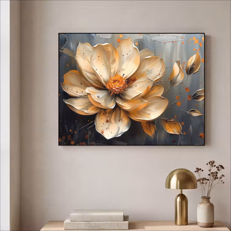 Bloemen - Goud - Kunst - Zwart - Modern Textielframe zwart klein -sfeer2