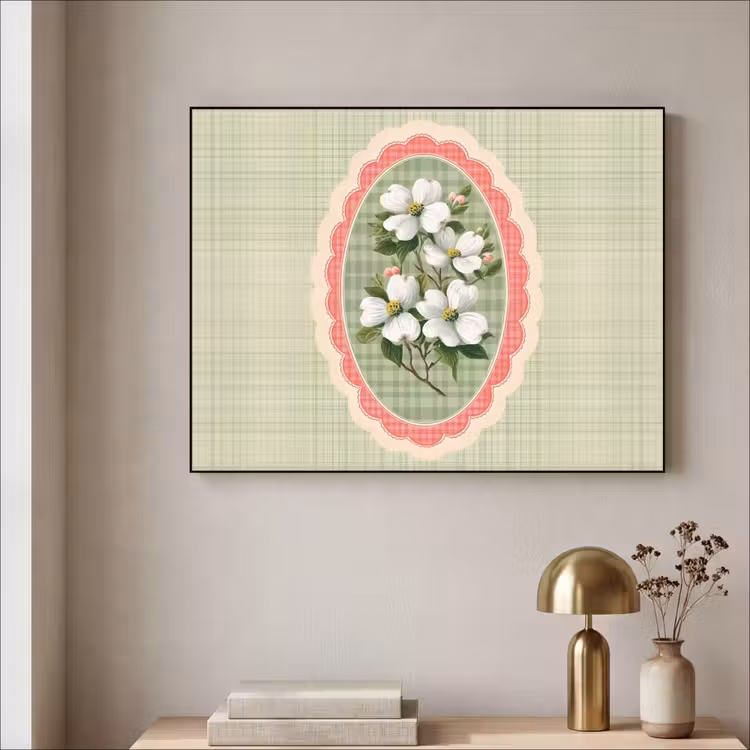 Bloemen - Illustratie - Geruit - Groen Textielframe zwart klein -sfeer2