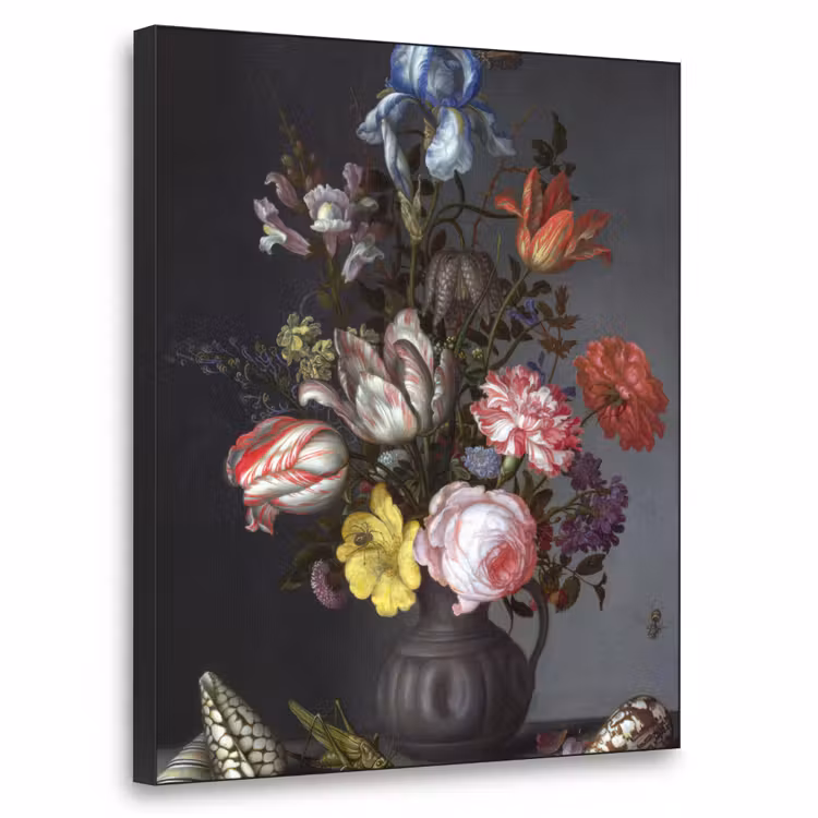 Bloemen in een vaas met schelpen en insecten - Balthasar van der Ast Textielframe zwart klein -3d