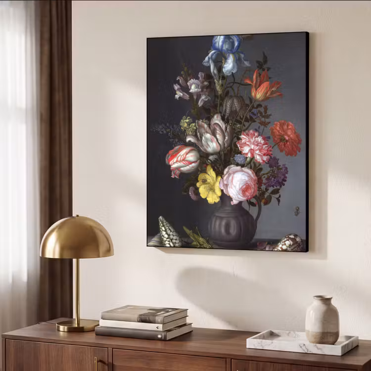 Bloemen in een vaas met schelpen en insecten - Balthasar van der Ast Textielframe zwart klein -sfeer3