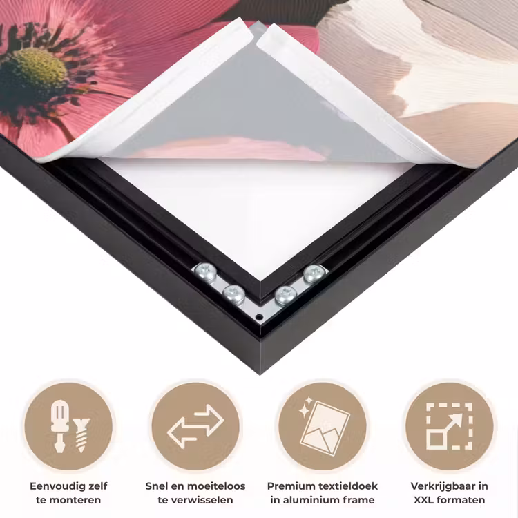 Bloemen - Kleurrijk - Bloei Textielframe zwart klein -USP_closeupNL