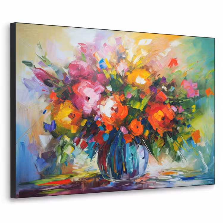 Bloemen - Kleurrijk - Bloempot - Olieverf Textielframe zwart klein -3d
