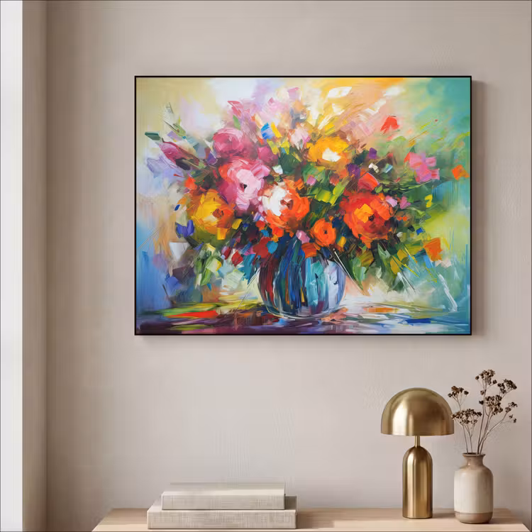Bloemen - Kleurrijk - Bloempot - Olieverf Textielframe zwart klein -sfeer2