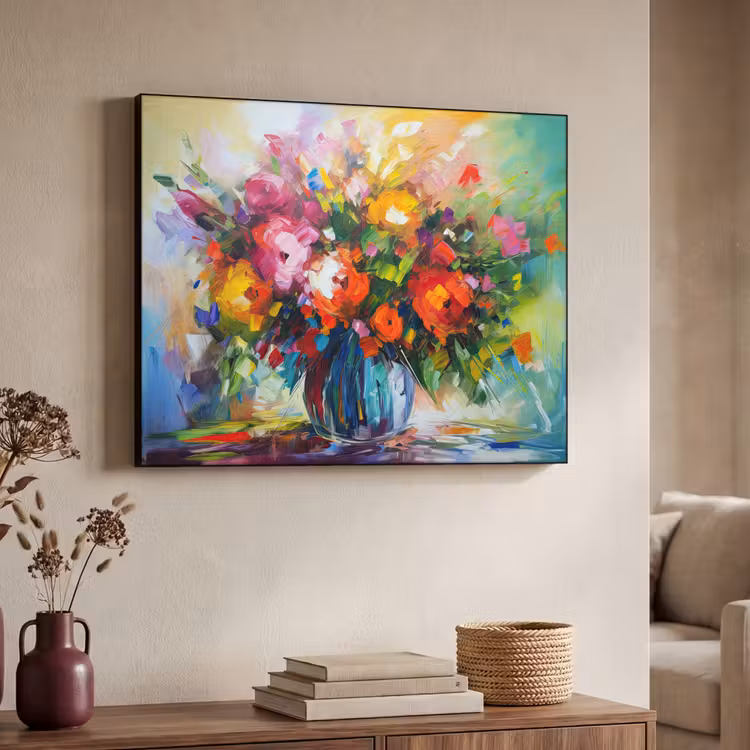 Bloemen - Kleurrijk - Bloempot - Olieverf Textielframe zwart klein -sfeer3