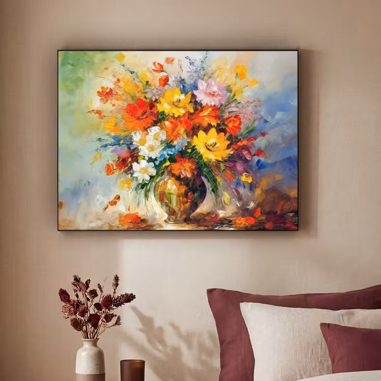 Bloemen - Kleurrijk - Olieverf - Bloempot Textielframe zwart klein -sfeer1