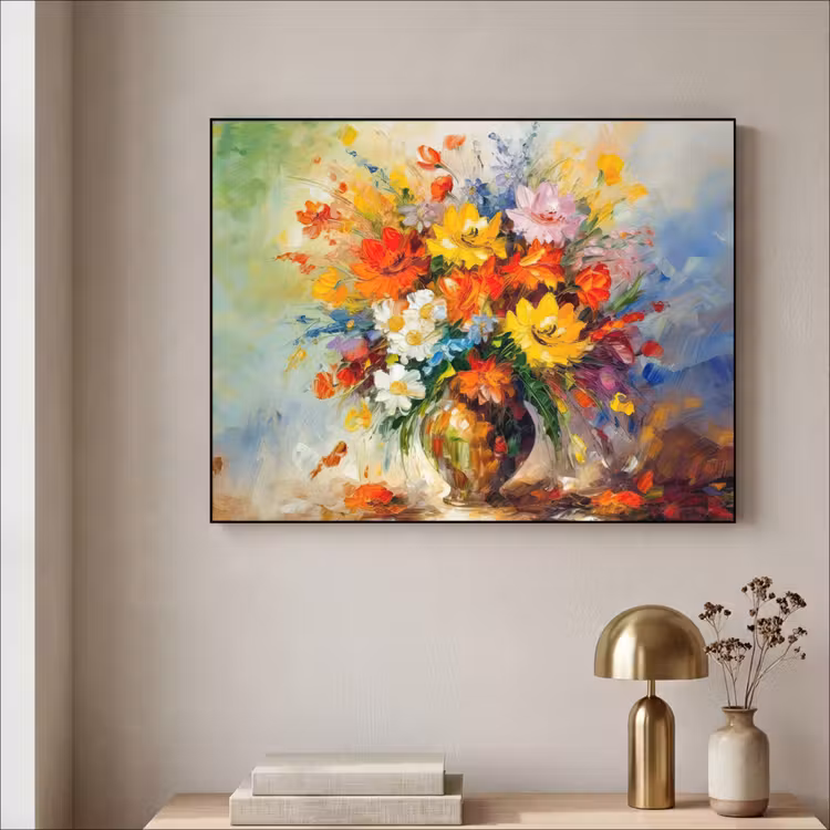 Bloemen - Kleurrijk - Olieverf - Bloempot Textielframe zwart klein -sfeer2