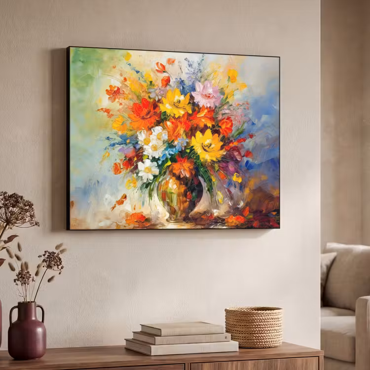 Bloemen - Kleurrijk - Olieverf - Bloempot Textielframe zwart klein -sfeer3