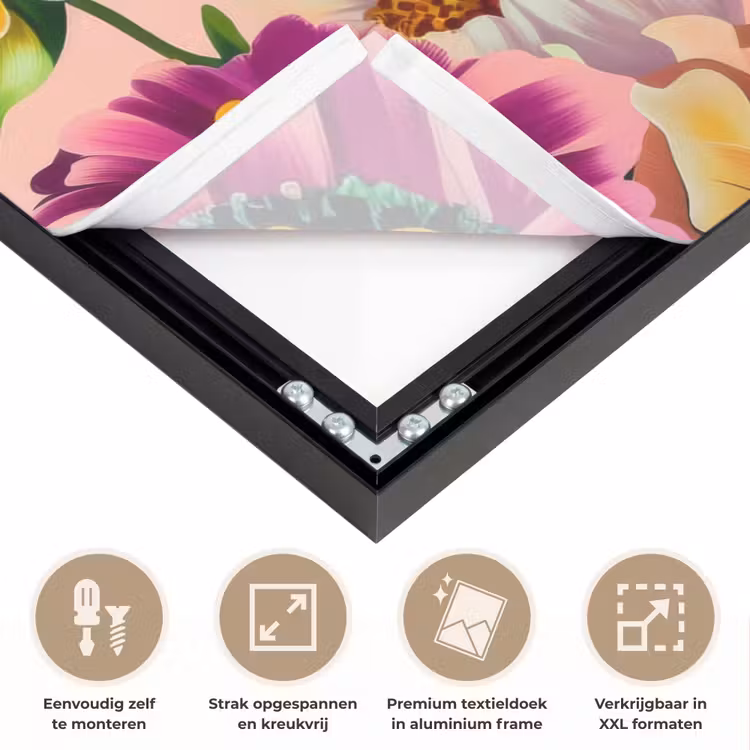 Bloemen - Kleurrijk - Roze Textielframe zwart klein -USP_feed_closeupNL