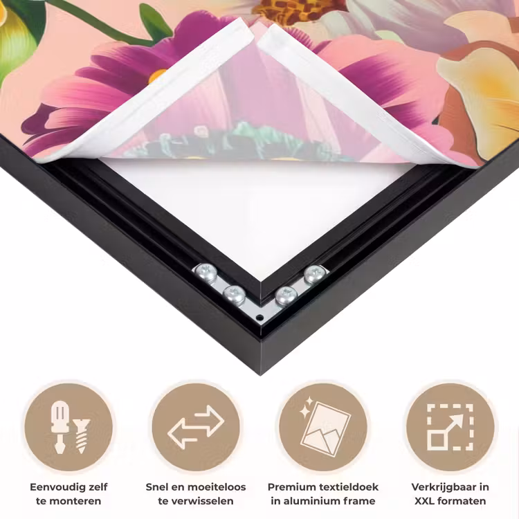 Bloemen - Kleurrijk - Roze Textielframe zwart klein -USP_closeupNL
