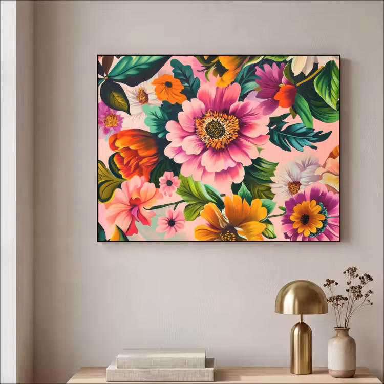 Bloemen - Kleurrijk - Roze Textielframe - compleet frame klein -sfeer2