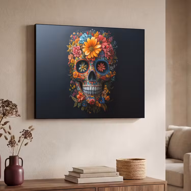 Bloemen - Kleurrijk - Schedel Textielframe - compleet frame klein -sfeer3