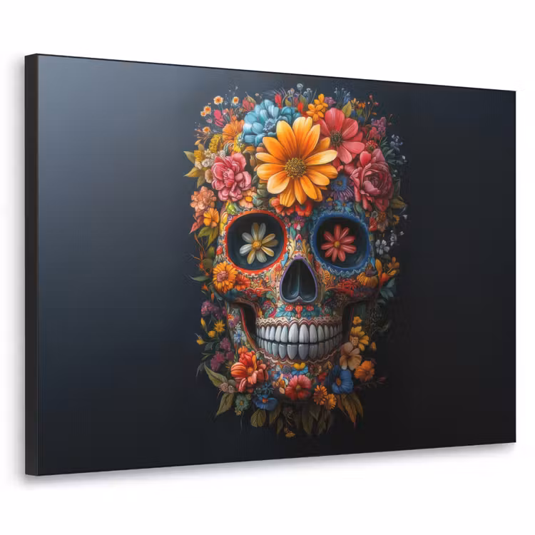 Bloemen - Kleurrijk - Schedel Textielframe zwart klein -3d