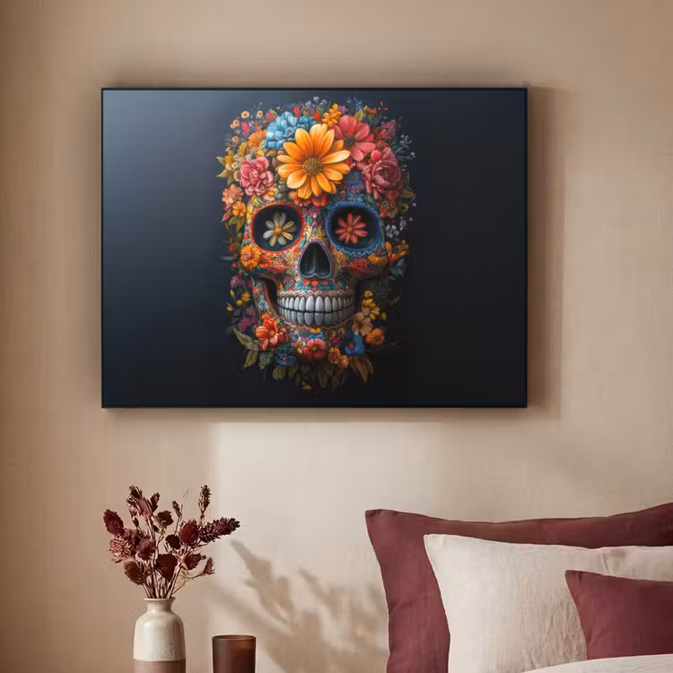 Bloemen - Kleurrijk - Schedel Textielframe zwart klein -sfeer1