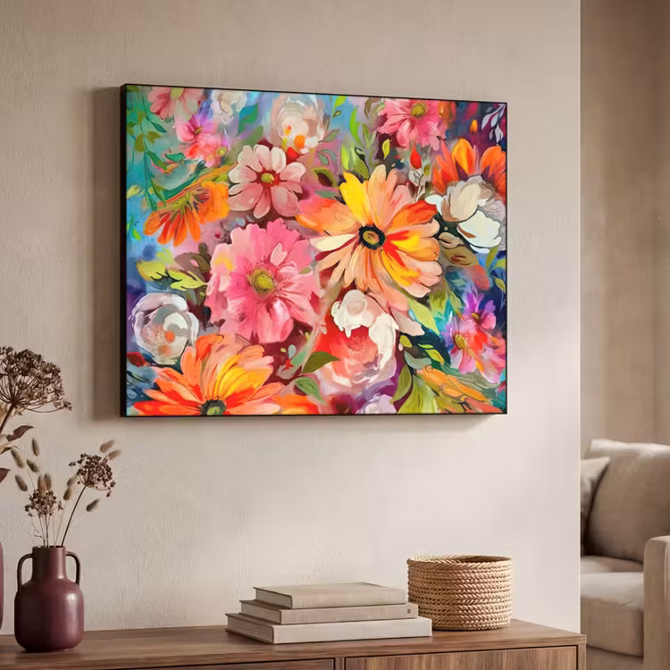 Bloemen - Kunst - Schilderij - Botanisch Textielframe zwart klein -sfeer3
