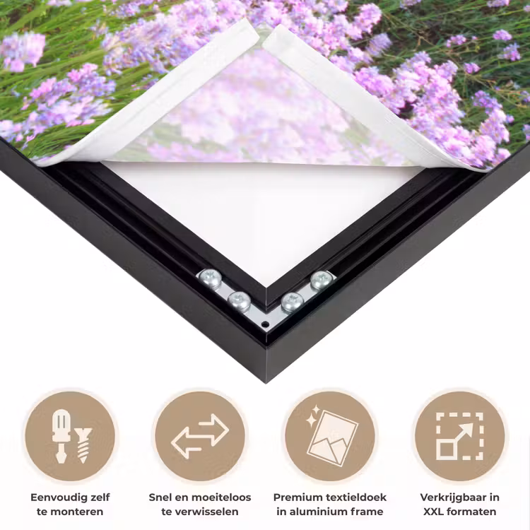Bloemen - Lavendel - Paars - Lucht - Zonsondergang - Weide - Natuur Textielframe zwart klein -USP_closeupNL