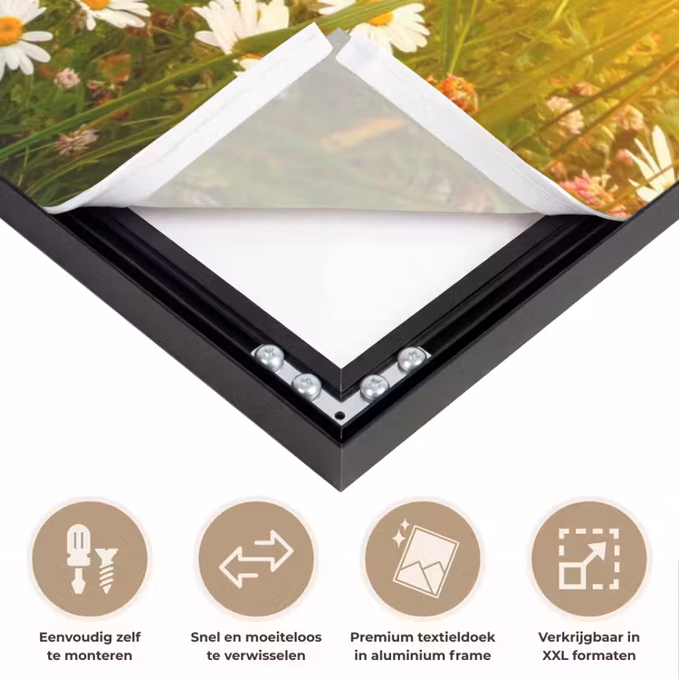 Bloemen - Madelief - Natuur - Zon - Horizon Textielframe zwart klein -USP_closeupNL