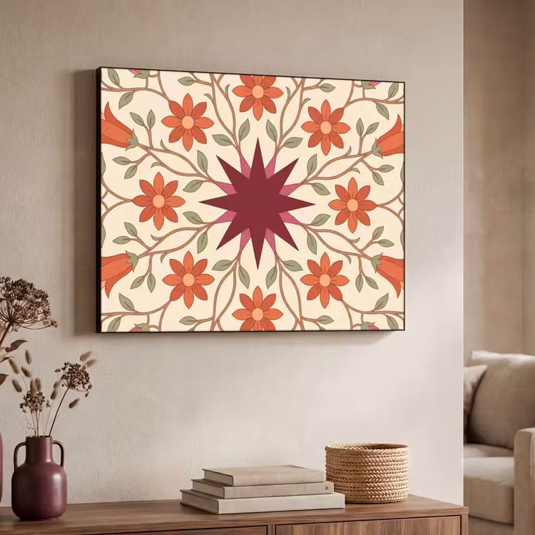 Bloemen - Mandala - Decoratief - Rood Textielframe zwart klein -sfeer3