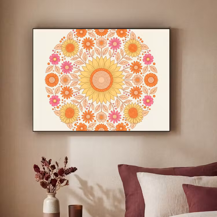 Bloemen - Mandala - Patroon - Kleurrijk Textielframe zwart klein -sfeer1