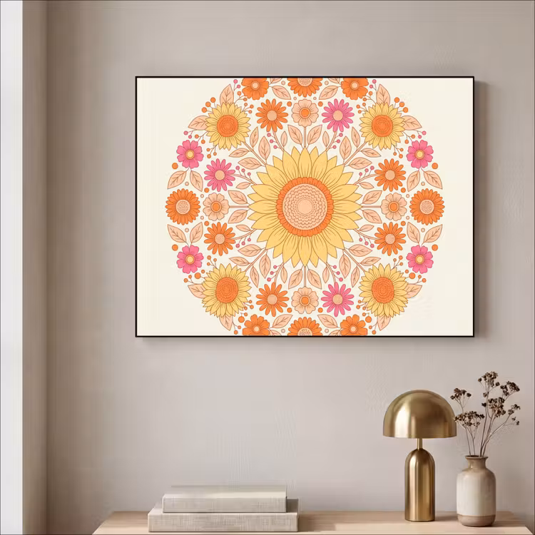Bloemen - Mandala - Patroon - Kleurrijk Textielframe zwart klein -sfeer2